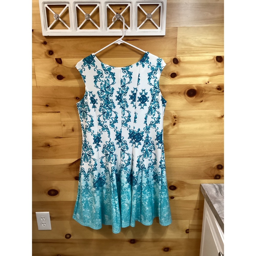 Taylor Womens Teal Blue White Damask Ombre Fit and Flare Dress Sleeveless Sz 10